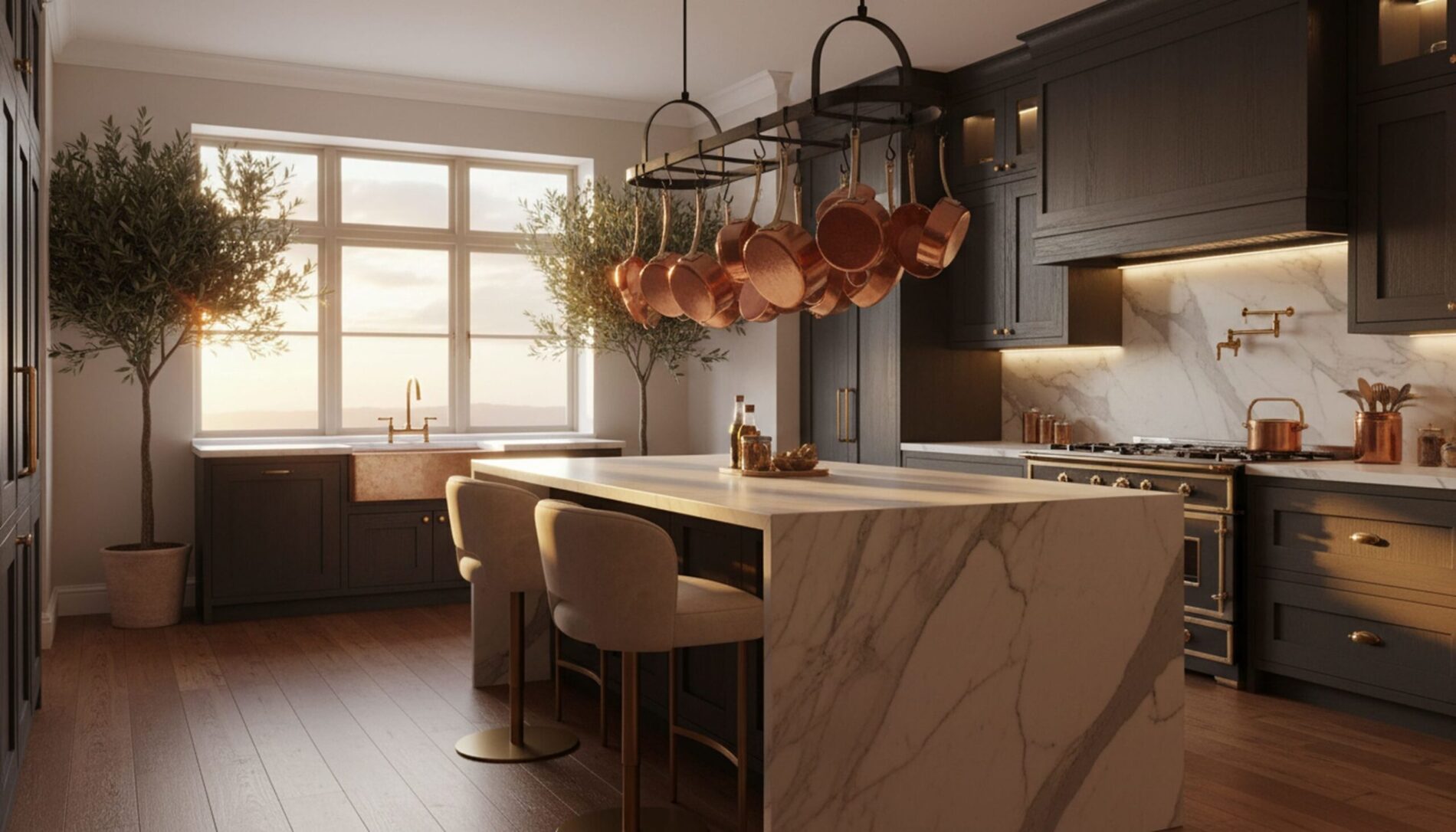 Remodeled kitchen with island and warm finishes